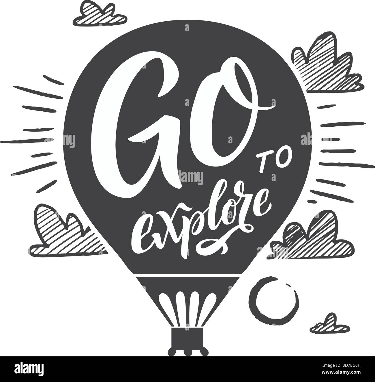 Eine schwarz-weiße Zeichnung eines Heißluftballons mit den Worten Go to Explore in kursiver Schrift Stock Vektor