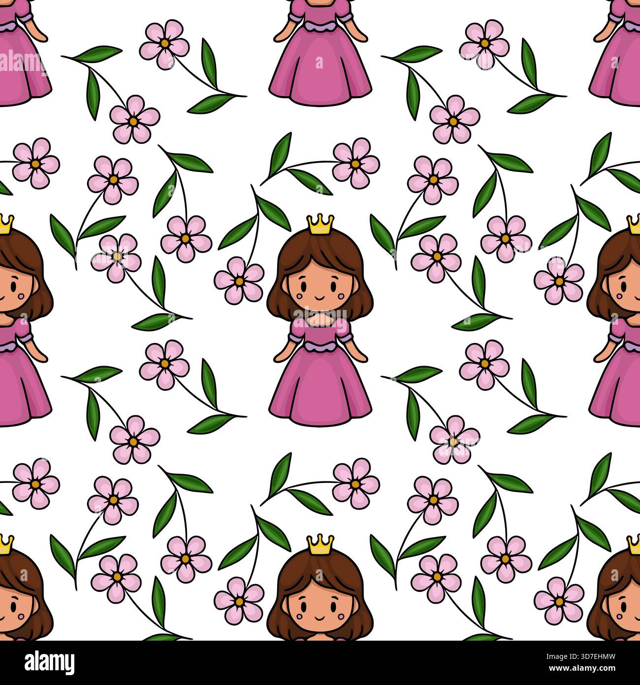 Entzückendes Vektormuster mit einer niedlichen Prinzessin in einem rosa Kleid mit einer goldenen Krone, umgeben von zarten rosa Blumen und grünen Blättern auf Stock Vektor