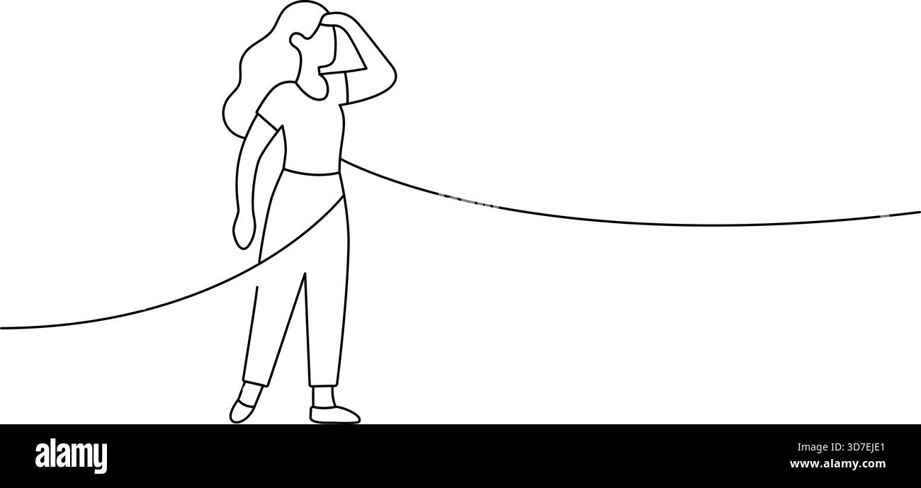 Minimalistische Linienkunst einer stehenden Frau, die ihre Augen beschattet und nach vorne blickt. Clean Outline-Konzept für Such- und Discovery-Themes Stock Vektor