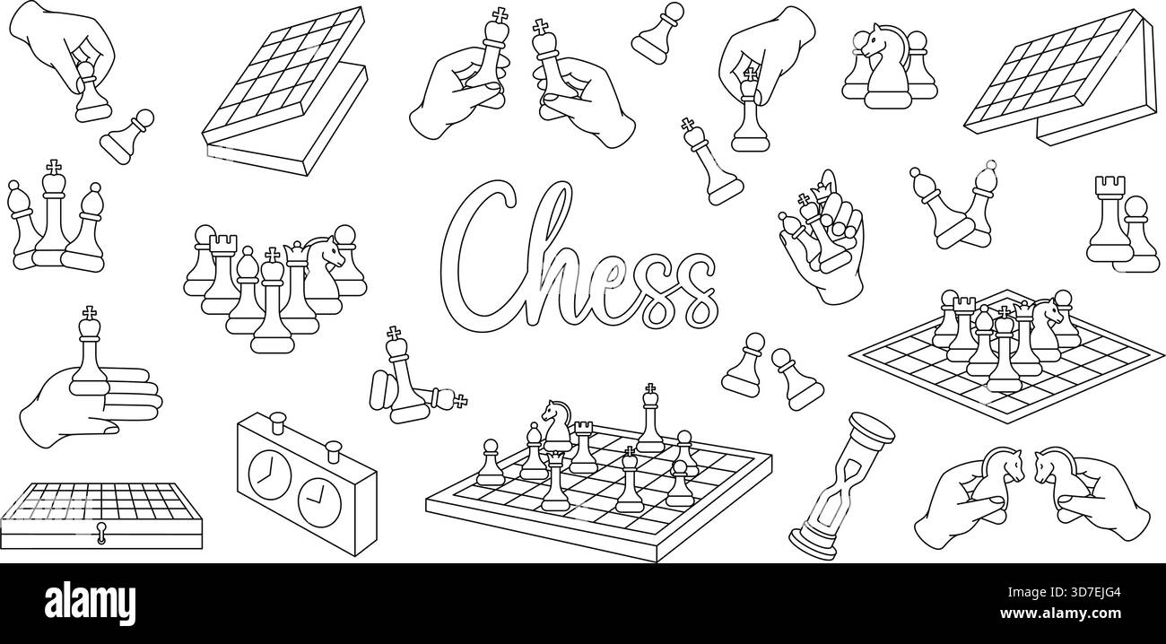 Strichgrafiken von Schachfiguren mit Brettern, Stücken, Zeigern und Uhren in einem klaren Stil Stock Vektor