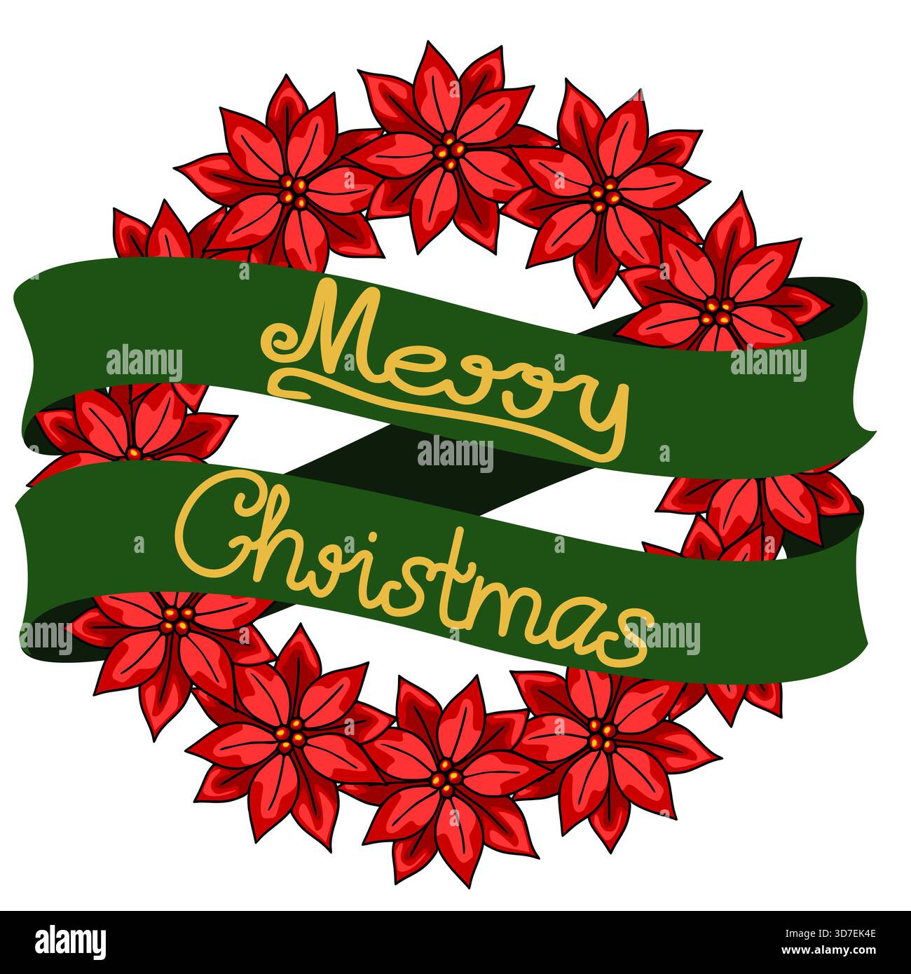Festliche Vektor-Illustration mit einer kreisförmigen Anordnung von leuchtenden roten Weihnachtsstern, die ein tiefgrünes Band mit elegantem goldenem Schriftzug Th umgeben Stock Vektor