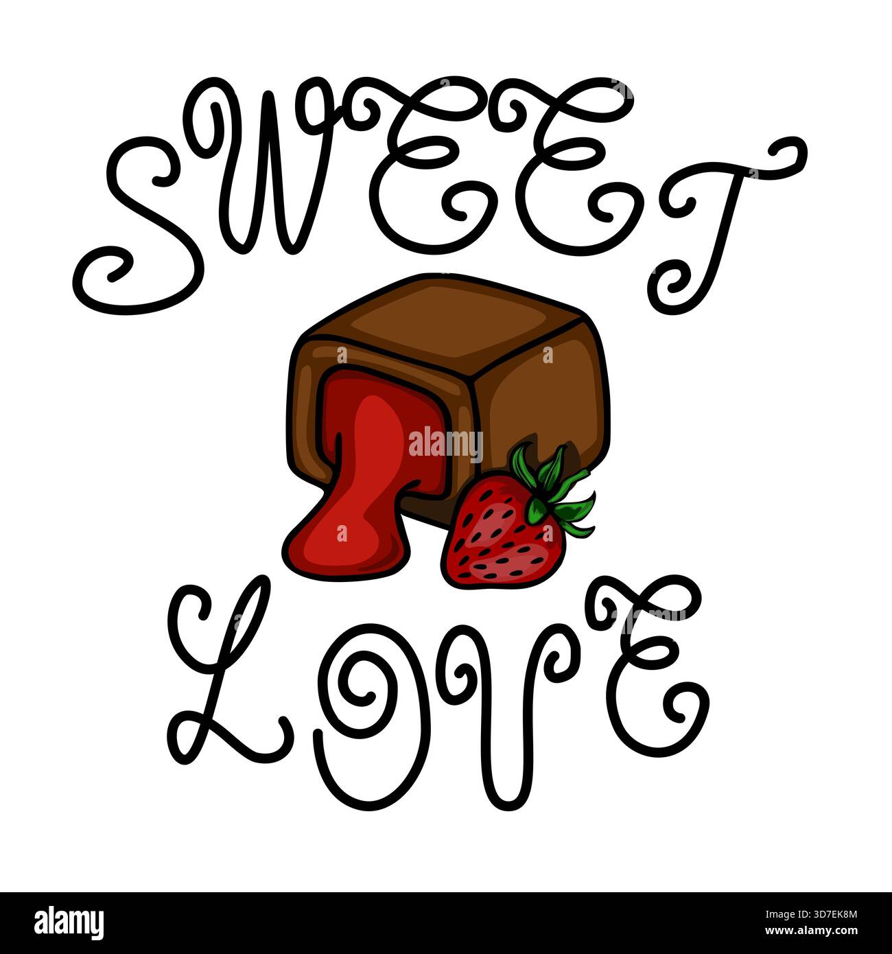 Skurrile Vektor-Illustration eines Schokoladenbonbons mit strömender roter Füllung und einer frischen Erdbeere, begleitet von einer eleganten Schriftbuchstabe ' Stock Vektor