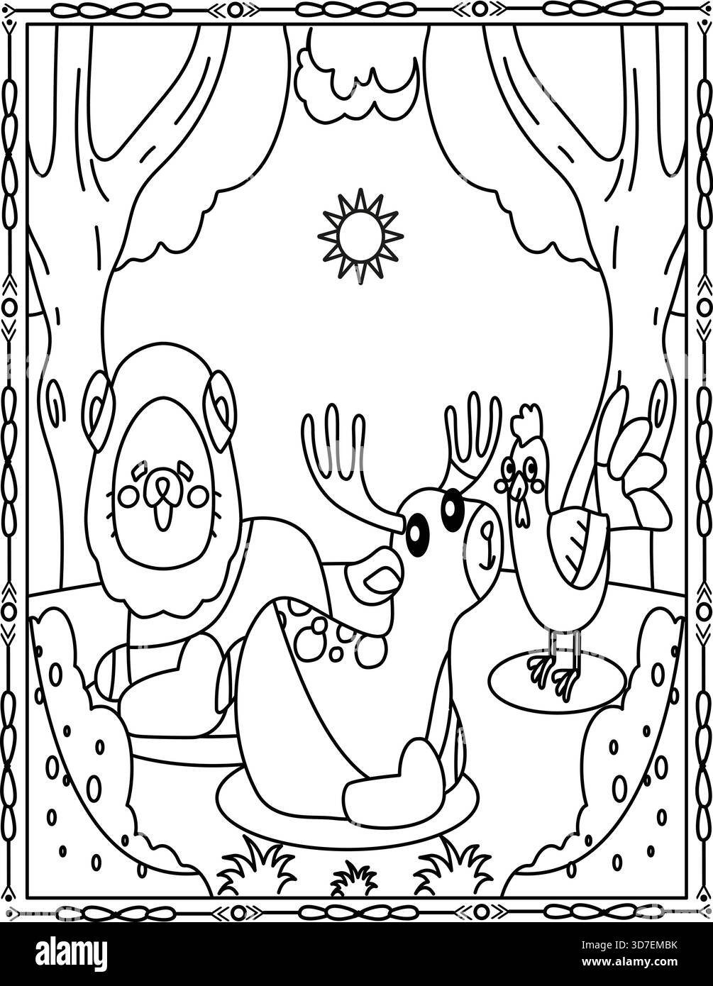 Niedliche Ausmalseite Für Waldfreunde Für Kinder Und Erwachsene. Lion, Hirsch, Vogelszene. Stock Vektor