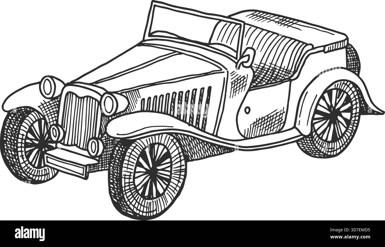 Ein Oldtimer mit Schiebedach und Motorhaube. Das Auto ist schwarz-weiß Stock Vektor