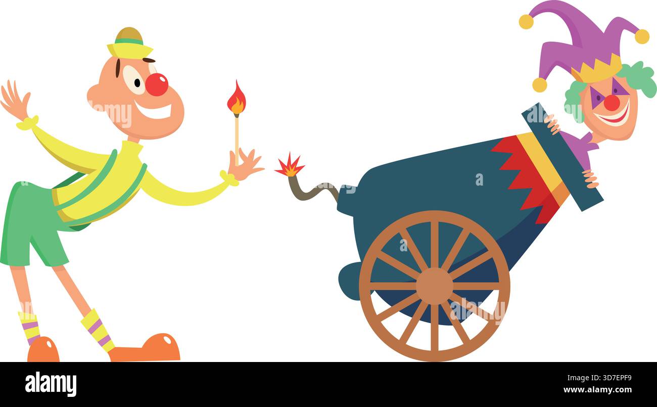 Ein Cartoon von einem Clown und einem Mann, der ein Streichholz hält Stock Vektor