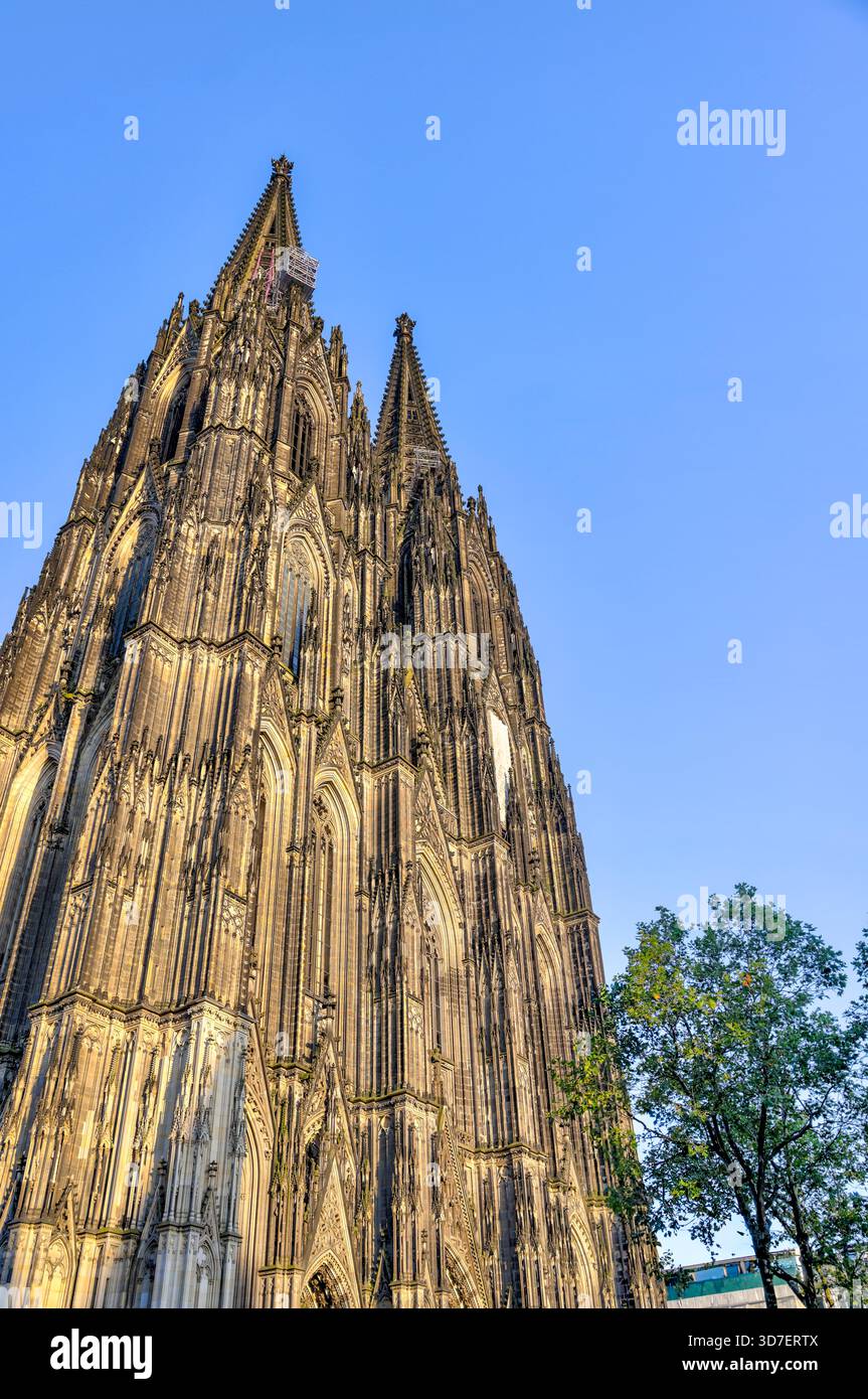 Blick von innen und außen auf den Kölner Dom, einschließlich gotischer Gewölbe, Buntglas, Türme und Kirchenschiff, in Köln, Deutschland. Stockfoto