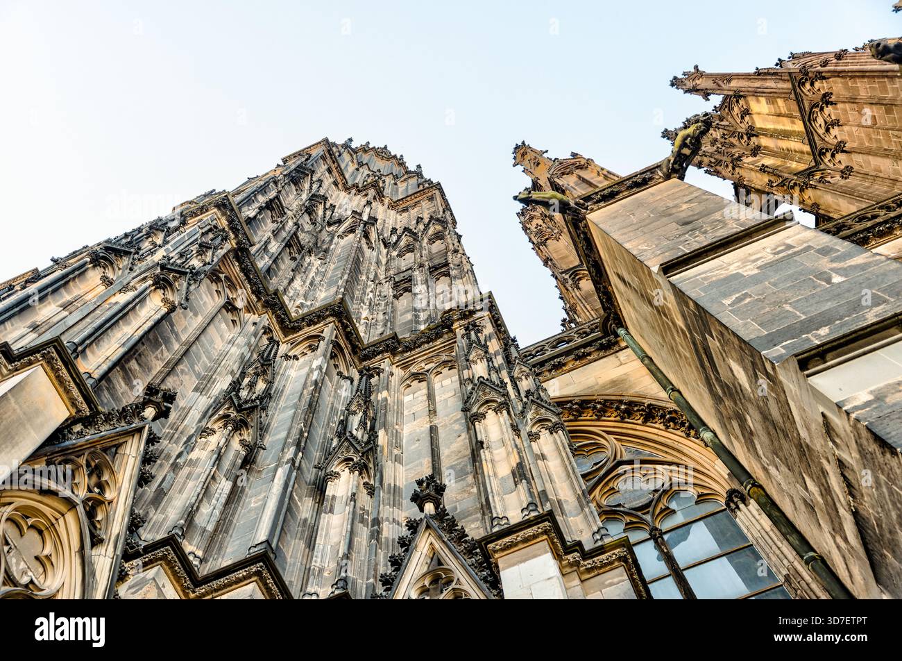 Gotische Skulpturenfiguren in die Fassade des Kölner Doms in Köln. Stockfoto