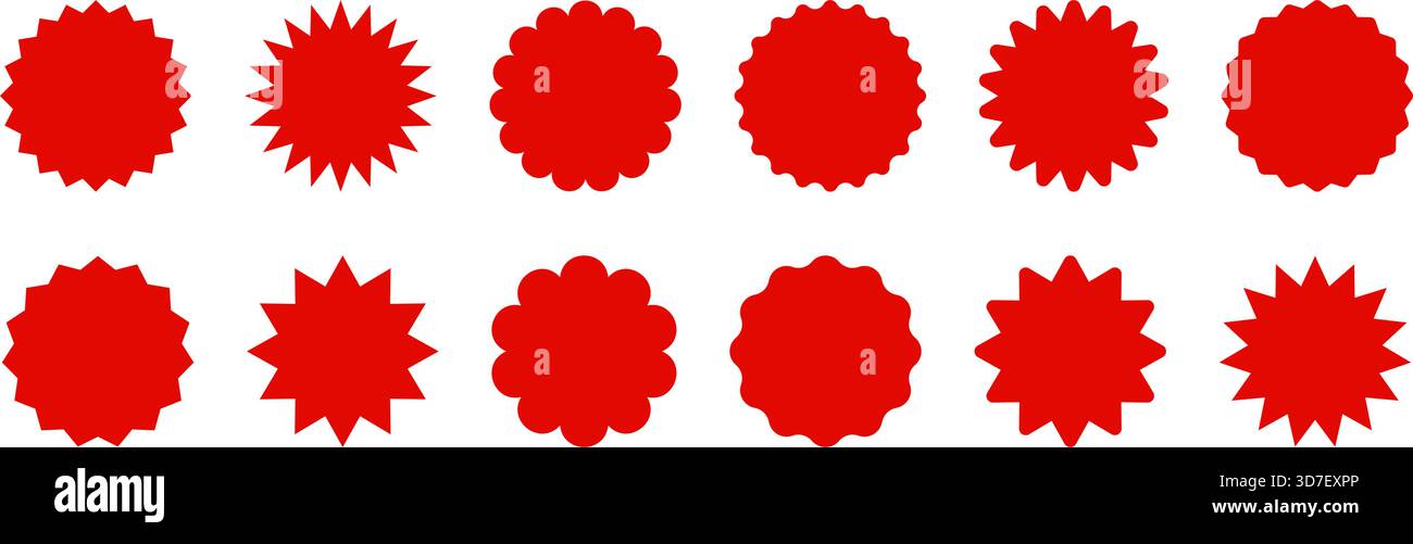 Rotes Starburst-Aufkleberabzeichen mit strahlenden Strahlen. Sondersymbole in Sternform für Sonderangebote, Rabattetiketten und Verkaufspreise auf isoliertem weißem Hintergrund. Stock Vektor