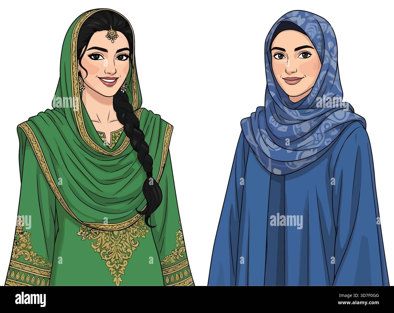 Zwei Frauen in traditioneller islamischer Kleidung, die verschiedene Stile und Farben trägt Vektor-Illustration Stock Vektor