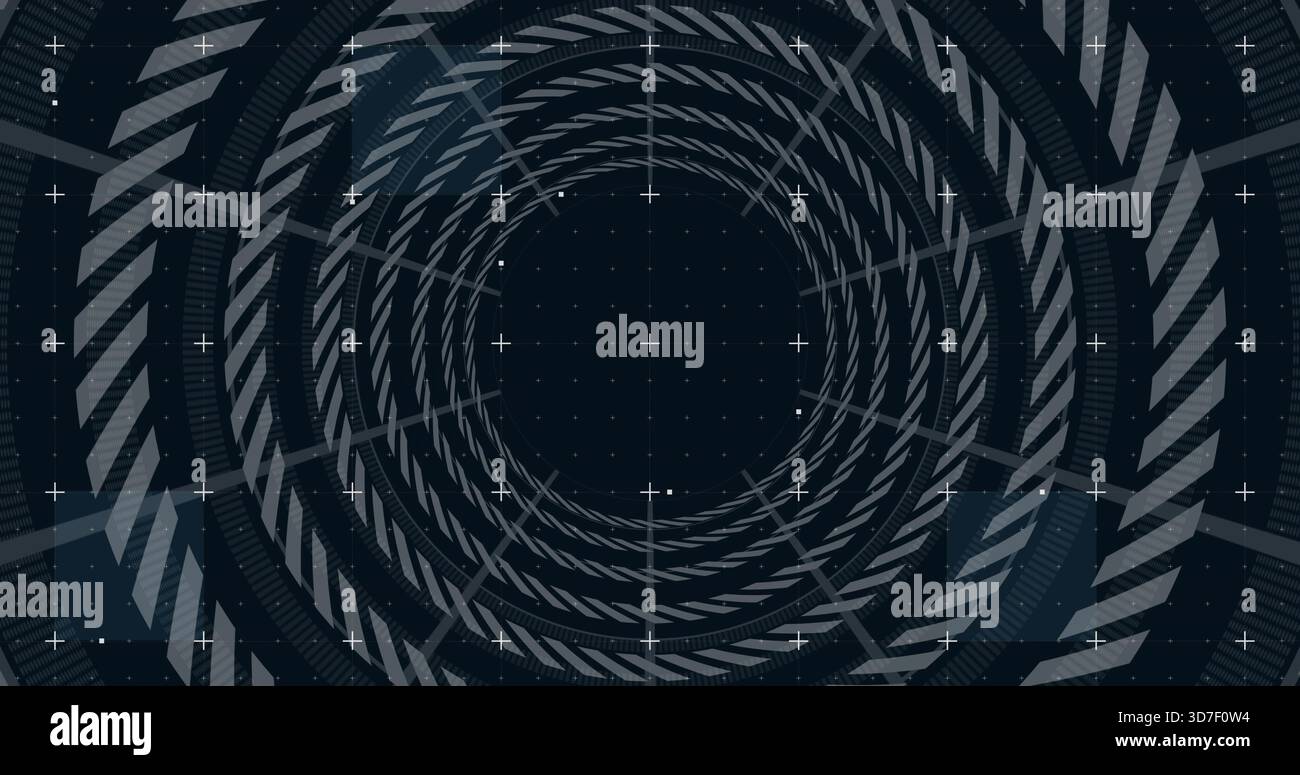 Spiralförmige konzentrische Ringe für Tiefe im digitalen HUD, mit Fadenkreuzmarkierungen und gepunktetem Raster Stockfoto