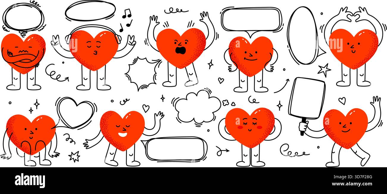 Kritzelrahmen mit Herzmaskottchen. Zeichentrickfiguren mit Sprechblase, handgezeichneten Liebessymbolen und Nachrichtenboxen, niedlichen Herzen Maskottchen mit Stock Vektor