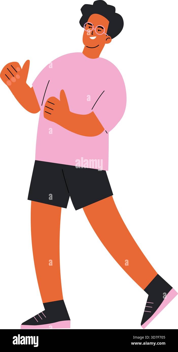 Ein Mann in einem rosa Hemd und schwarzen Shorts gibt den Daumen hoch Stock Vektor