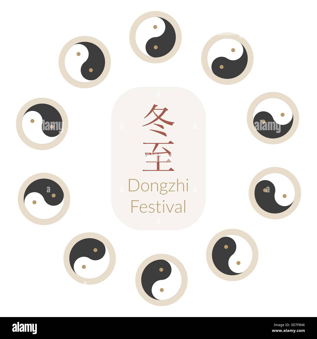 Die Symbole der warmen Wintersonnenwende sind im Rahmen. Dongzhi-Feiertagssymbole in flachem, minimalistischem Stil. Vektorillustration für Banner, Karten. Text Dongzhi Festival Stock Vektor