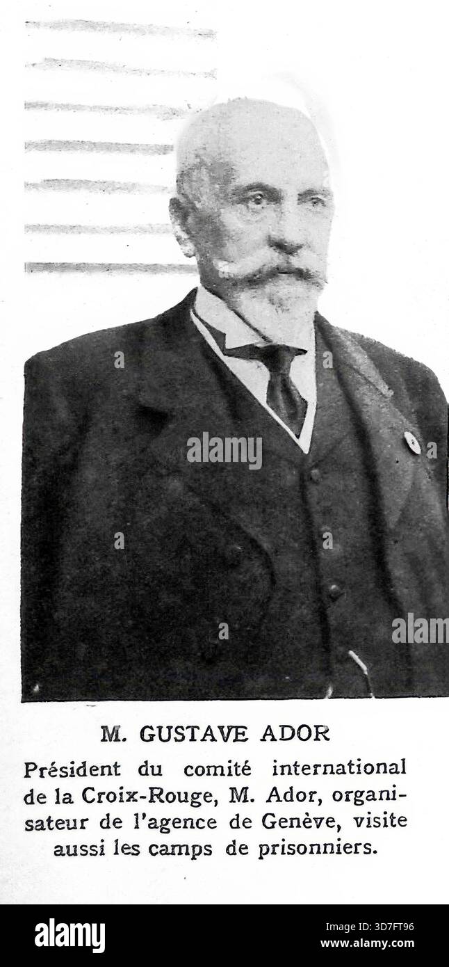 Das Foto aus der Ausgabe von Le Miroir vom 7. März 1915 zeigt Gustave Ador (1845 ñ1928), damals Präsident des Internationalen Komitees vom Roten Kreuz (IKRK) und Organisator der Genfer Agentur für Kriegsgefangene. Ador, ein Schweizer Politiker und Humanist, wird bei der Erfüllung seiner Aufgaben während des Ersten Weltkriegs durch den Besuch von Gefangenenlagern gezeigt. Seine Arbeit symbolisierte die neutralen, humanitären Bemühungen, die Millionen von Kämpfern, die an allen Fronten gefangen genommen wurden, aufzuspüren und zu helfen und die Kernmission des Roten Kreuzes in einer Zeit beispielloser globaler Konflikte zu verkörpern. Stockfoto