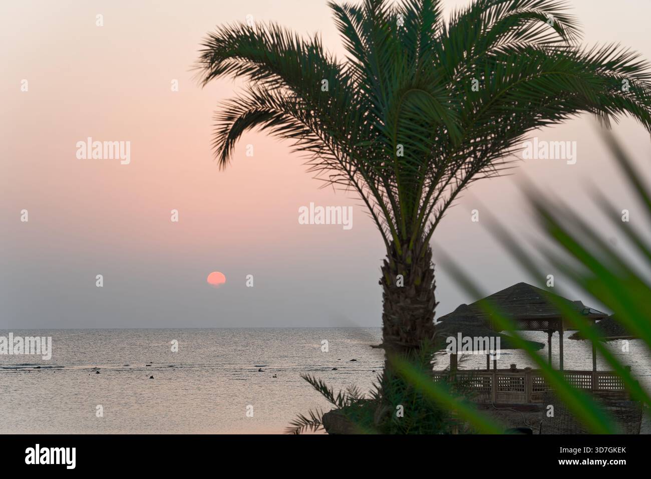 Sonnenaufgang über der Küste des Roten Meeres in einem ägyptischen Hotelresort, warmes Licht über die ruhige Küstenlandschaft. Stockfoto