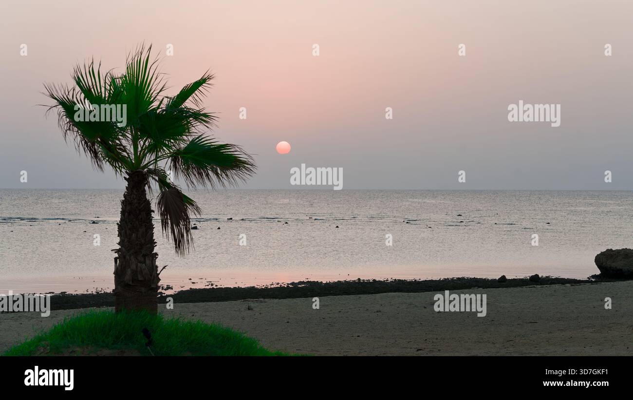 Sonnenaufgang über der Küste des Roten Meeres in einem ägyptischen Hotelresort, warmes Licht über die ruhige Küstenlandschaft. Stockfoto