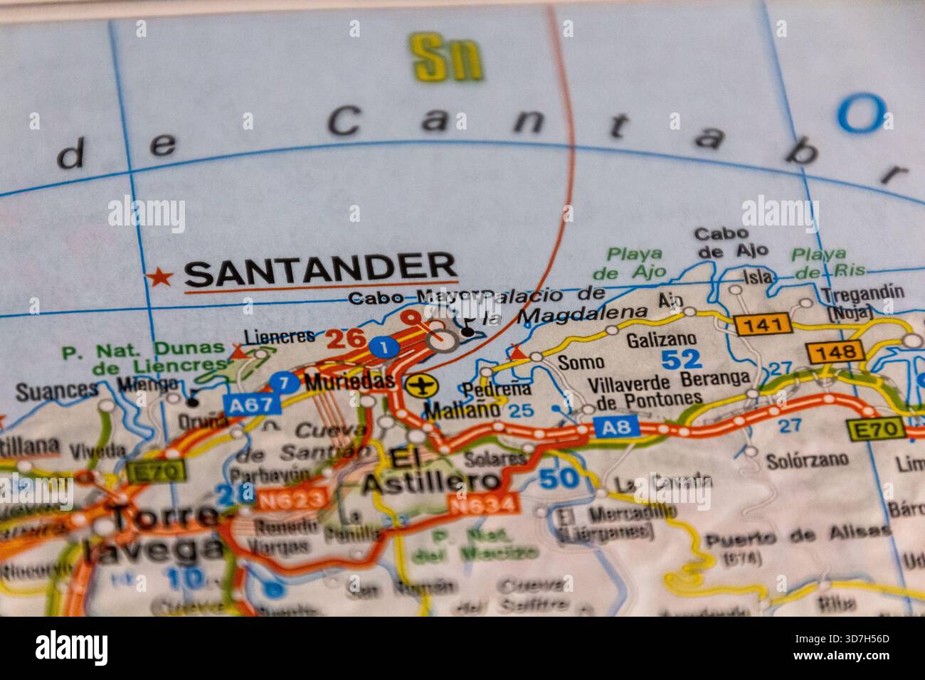 Santander, Kantabrien, Spanien auf einer Straßenkarte Stockfoto