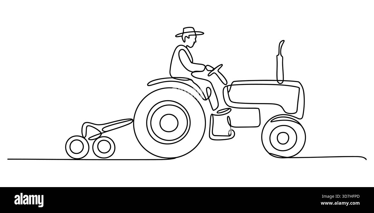 Kontinuierliche Linienführung von Landwirten, die Traktoren fahren, die auf landwirtschaftlichen Flächen arbeiten. Stock Vektor
