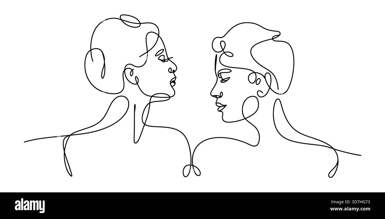 Abstrakte durchgehende Linienzeichnung zweier Frauenprofilverbindungen Stock Vektor