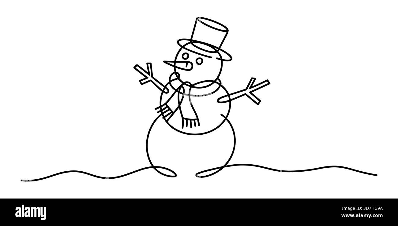Einzeilige Kunstzeichnung eines Schneemanns mit Hut und Schal. Stock Vektor