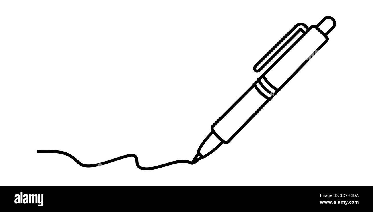 Einfache Linienzeichnung eines Stifts, der eine wellige Linie auf weißem Hintergrund schreibt. Stock Vektor