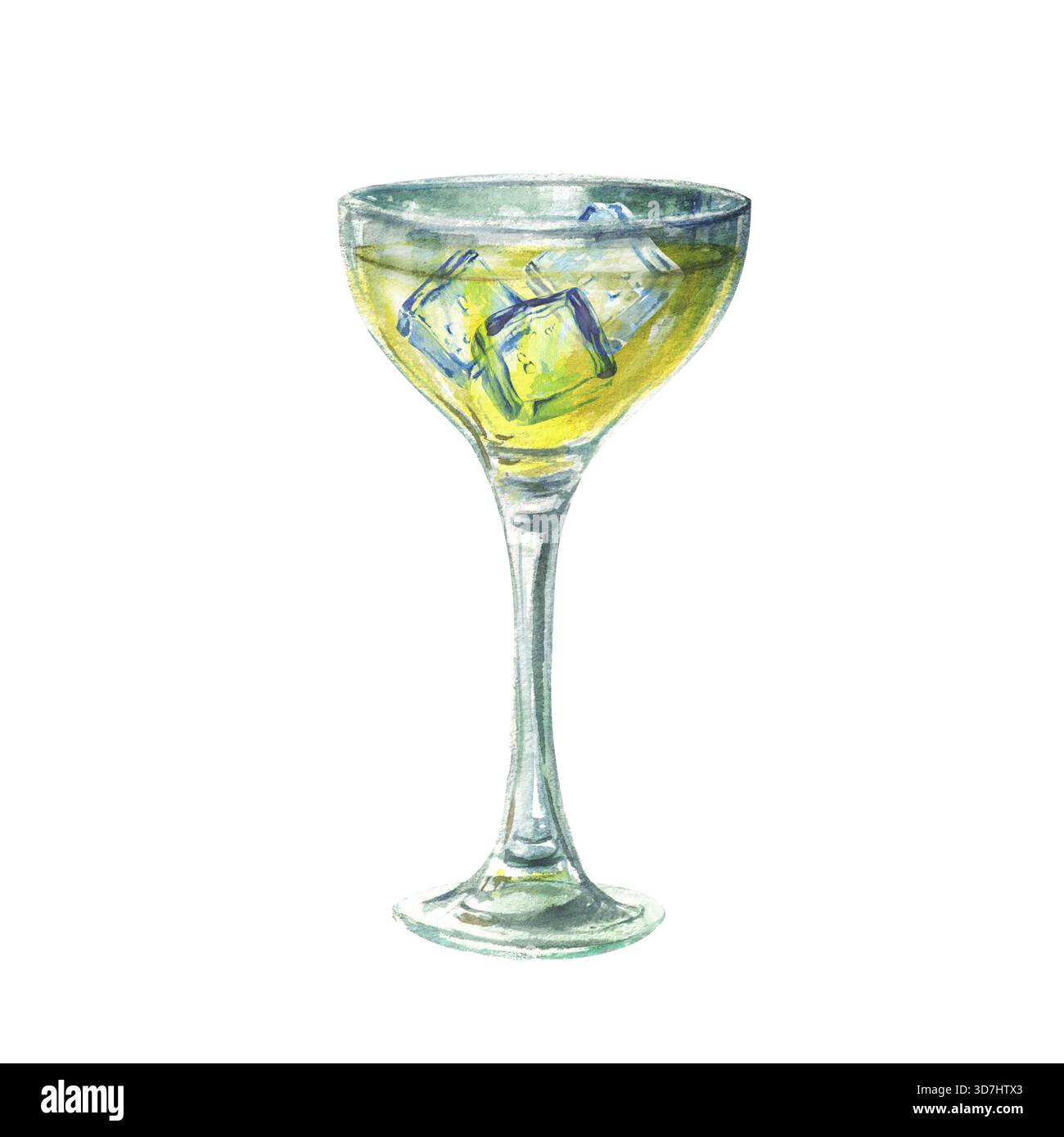 Limonade- oder Limoncello-Glas mit Eiswürfeln. Getränk mit gelbem Getränk. Traditioneller italienischer alkoholischer Likör aus Zitronen. Aquarellhand Stockfoto