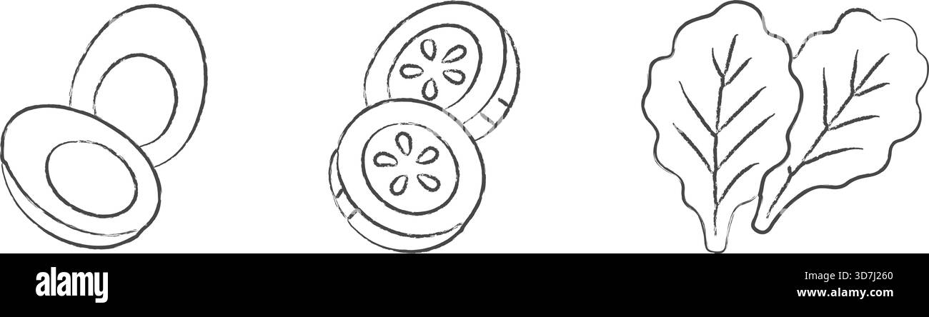 Kleine Ikonen zeigen eine geöffnete Dose mit Inhalt und einem in einem Streifen angeordneten Blattgemüse. Stock Vektor