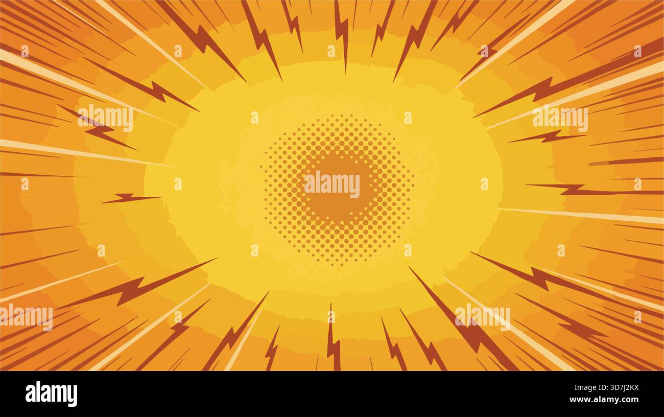 Orange Comic-Buch Zoom Hintergrund mit Explosion und Blitz Stock Vektor