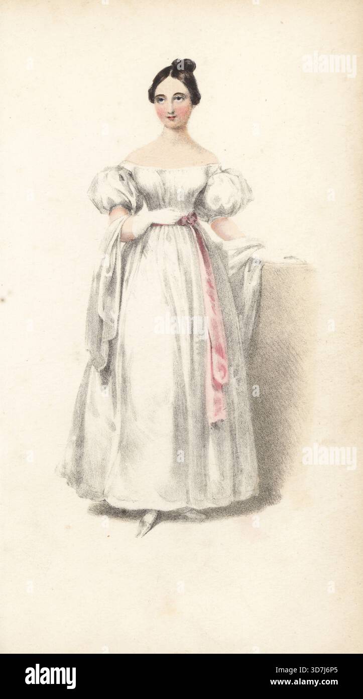 Porträt einer viktorianischen Frau in einem einfachen, eleganten Kleid als Beispiel für eleganten Geschmack. Sie trägt ein weißes Kleid mit schulterfreiem Ausschnitt, Puffärmeln und rosafarbenem Gürtel. Einfachheit und Ornament im Vergleich. Lithographie von Maxim Gauci und handkoloriert von Ayton nach einer Illustration von Edmund Thomas Parris, englischer Geschichte und Porträtmaler. Handkolorierte Lithografie aus Mrs. A. Walker’s Female Beauty, London, Thomas Hurst, 1837. Sie war die Ehefrau des schottischen Physiognomisten Alexander Walker (1779–1852), dem Autor von Beauty in Woman. Stockfoto