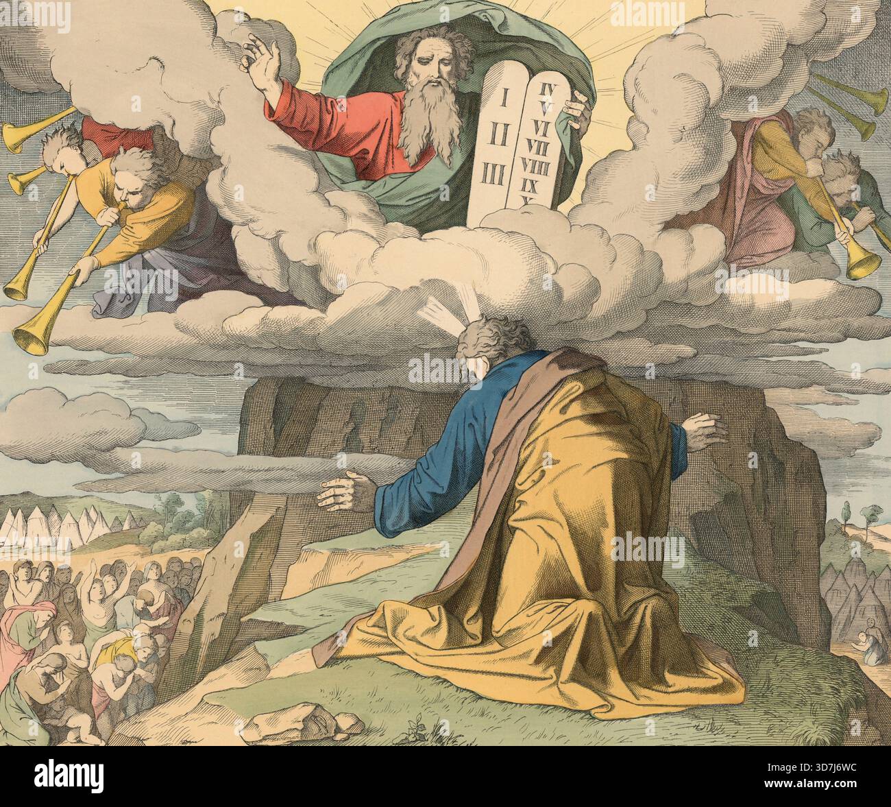 Biblische Geschichte: Gott gibt die zehn Gebote auf dem Berg Sinai. Gott offenbarte sich unter Donner und Rauch und gab Moses die Gebote auf zwei Steintafeln, die das Verhältnis zwischen Menschen und Gott und untereinander regulierten. Illustration, Reproduktion eines Originals aus dem 19. Jahrhundert. Authentisch, Datei für optimale Verwendung restauriert, exaktes Datum des Originals unbekannt, historisch. Stockfoto