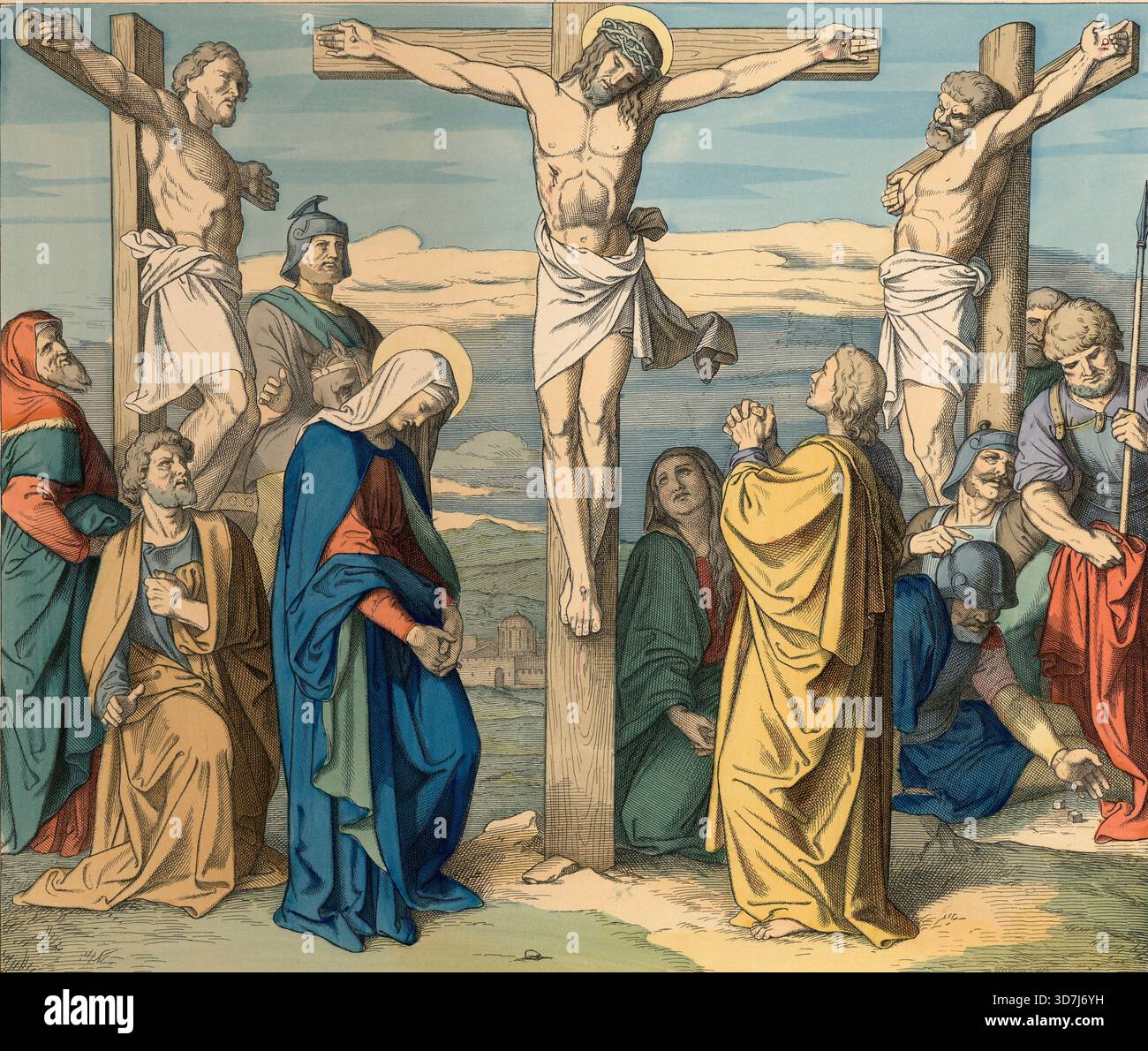 Biblische Geschichte: Jesus spricht seine sieben letzten Worte und stirbt, Worte, die nach dem traditionellen christlichen Glauben eine besondere Bedeutung haben. Illustration, Reproduktion eines Originals aus dem 19. Jahrhundert. Authentisch, Datei für optimale Verwendung restauriert, exaktes Datum des Originals unbekannt, historisch. Stockfoto