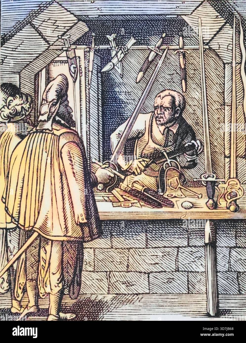 Schwertmacher. Reproduktion eines Holzschnitts aus dem 16. Jahrhundert von Jost Amman aus dem 19. Jahrhundert, digitale Reproduktion einer historischen Stockfoto