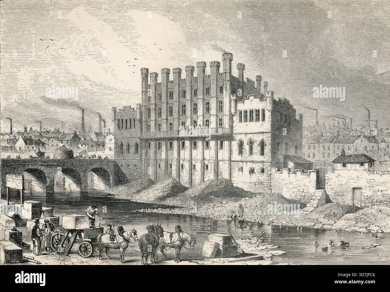 Außenansicht der Castle Grinding Mill, Sheffield, South Yorkshire, England im 19. Jahrhundert. Aus der Cyclopaedia of Nützliche Künste und Manufakturen von Charles Tomlinson, digitale Reproduktion einer historischen Vorlage Stockfoto