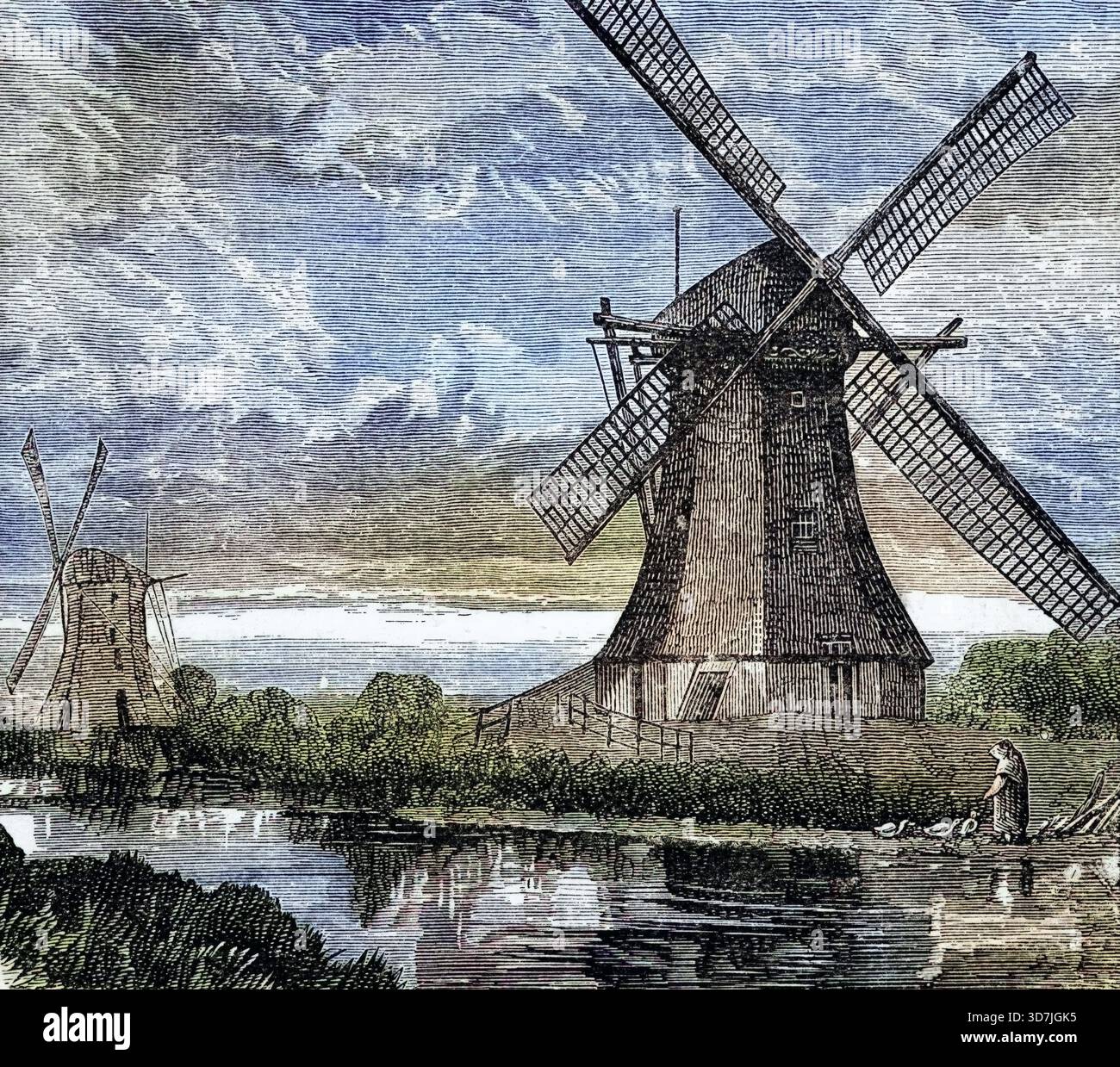 Windmühlen zur Entwässerung des Polders, um 1870, Niederlande, digitale Reproduktion einer historischen Vorlage Stockfoto