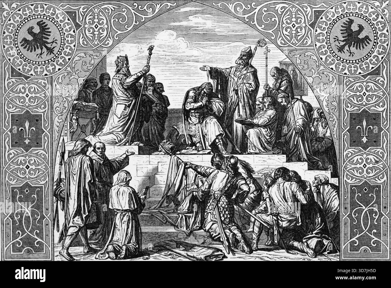 Die Taufe Widukinds, eines sächsischen Häuptlings im Kampf gegen den fränkischen König Karl den Großen. Widukind ergab sich Karl dem Großen und ließ sich mit seinen Verbündeten im Jahr 785 n. Chr. In Attigny taufen., digitale Reproduktion einer historischen Vorlage Stockfoto