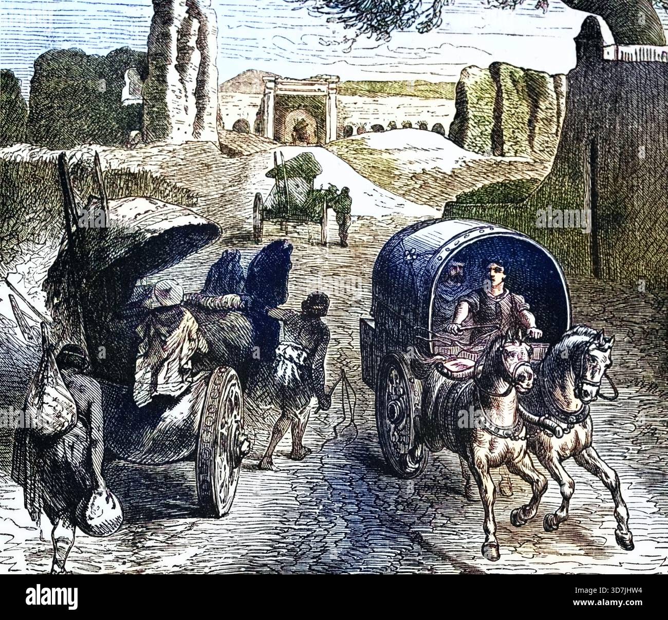 Römische Fahrzeuge auf römischen Straßen, 3. Jahrhundert v. Chr., digitale Reproduktion einer historischen Vorlage Stockfoto