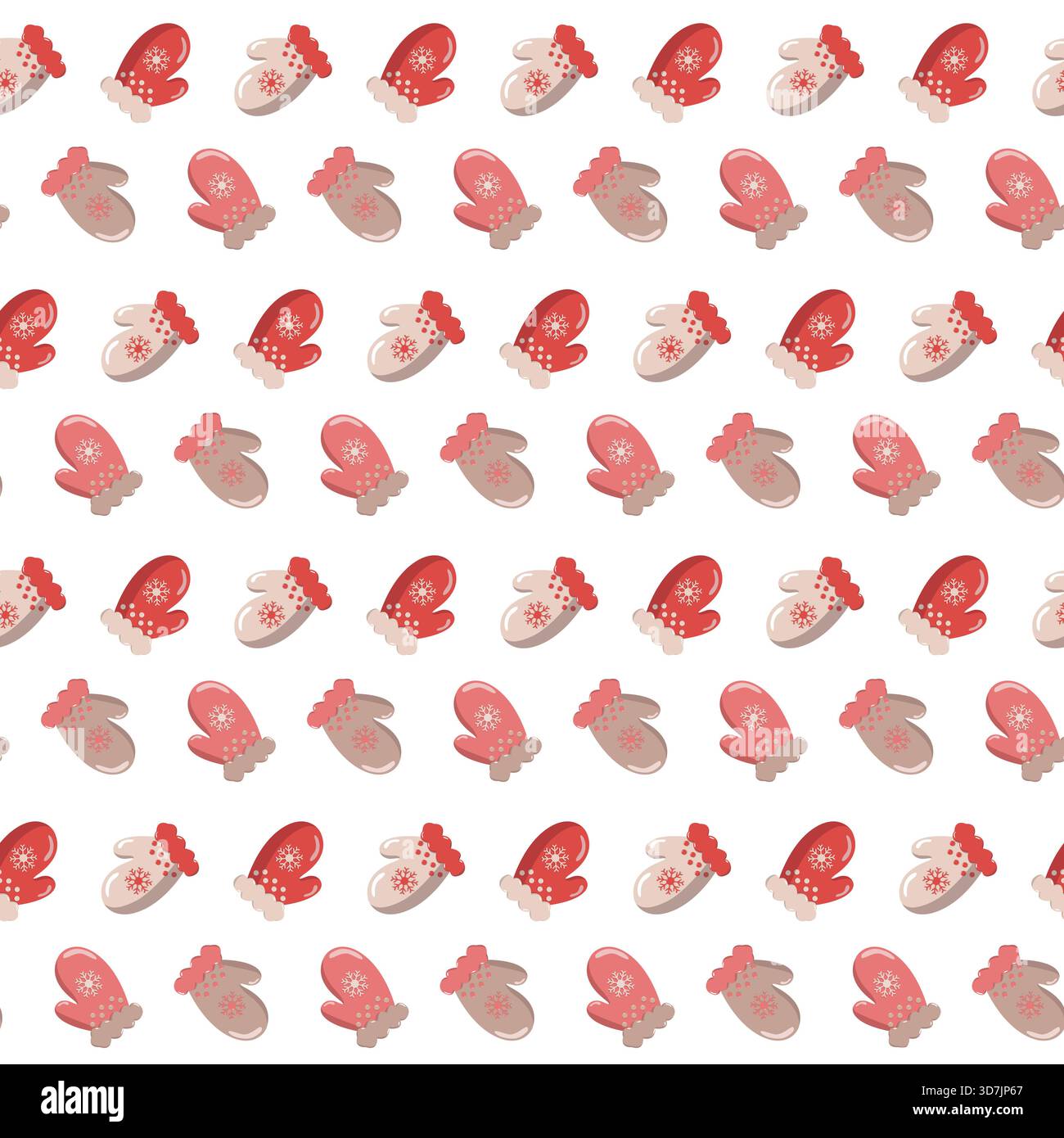 Nahtloses Wintermuster aus roten, rosa und beigen Fäustlingen mit Schneeflockenmuster und Muschelbündchen. Diagonales Layout auf weißem Hintergrund Stock Vektor