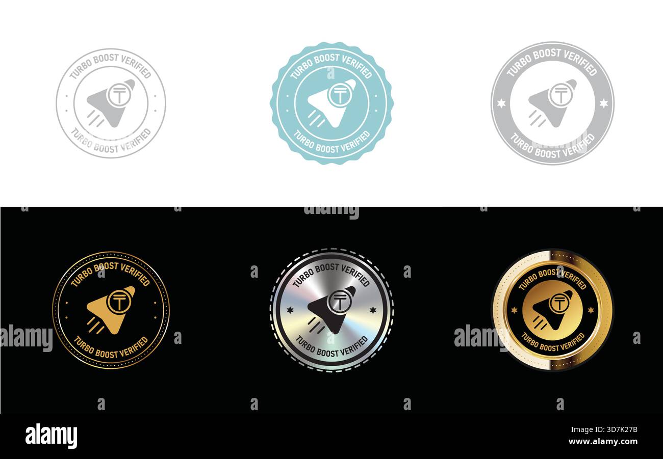 Turbo Boost verifiziertes Symbol, Stempel, Siegel, Symbol und Logo in minimalem, goldenem, silbernem Design Stock Vektor