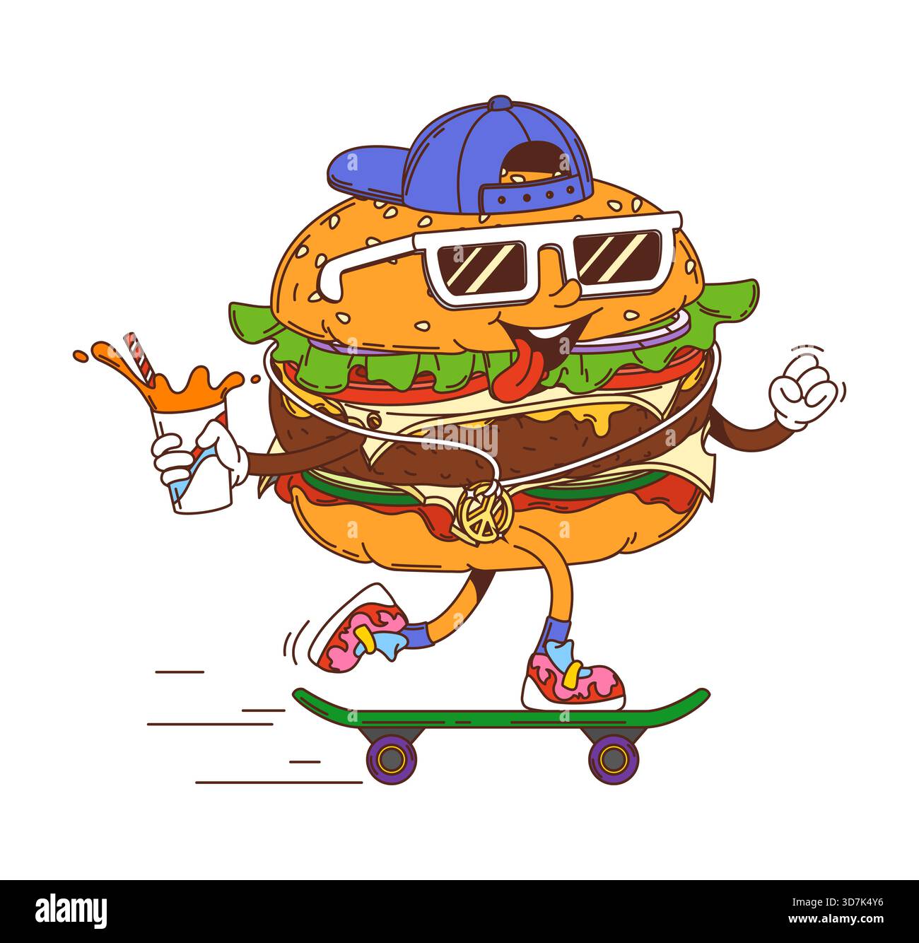 Cartoon-groovige Hippie-Burger-Figur, die auf einem Skateboard mit einem Limonade-Spritzer fährt, Sonnenbrille und Mütze trägt, voller Retro-Hippie-y2k-Vibe. Vector funky und verspielte Fast Food Hamburger Teenager-Persönlichkeit Stock Vektor