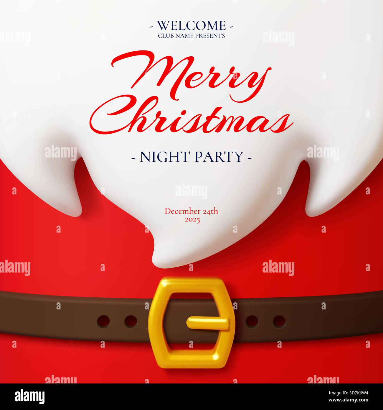 Einladungsflyer für die Weihnachtsfeier mit 3D Santa Claus Kostüm, flauschigem weißem Bart, goldener Gürtelschnalle und festlichem Text. Vektor-Banner mit rotem Noel-Anzug, Vorlage für Grußnachrichten oder Feier Stock Vektor