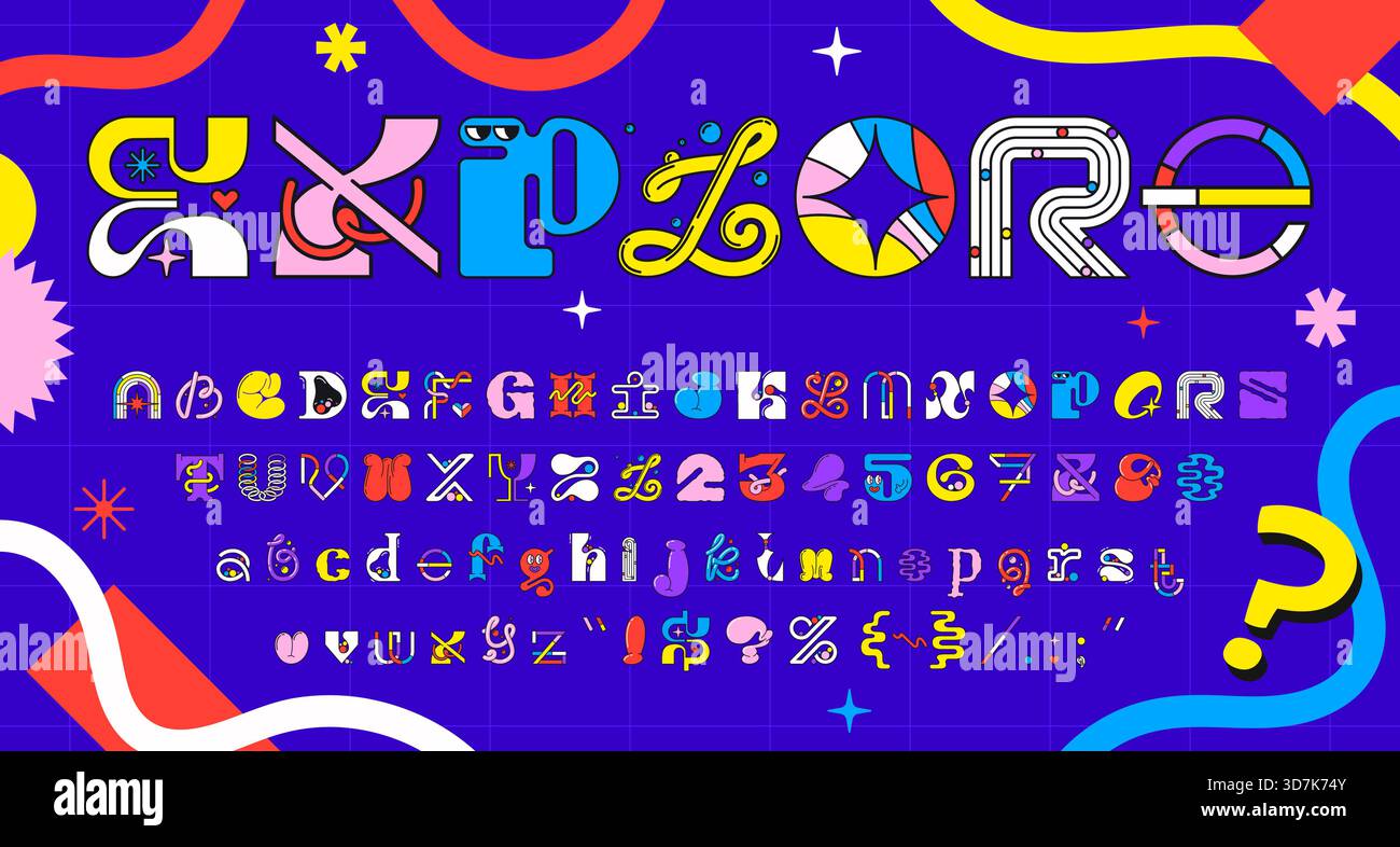 Trippige y2k-Schriftart, moderne geometrische brutale Schriftzeichen. Cartoon-grooviges farbenfrohes psychedelisches Alphabet. Vector Full abc Set aus Groß- und Kleinbuchstaben, Zahlen und Satzzeichen Stock Vektor