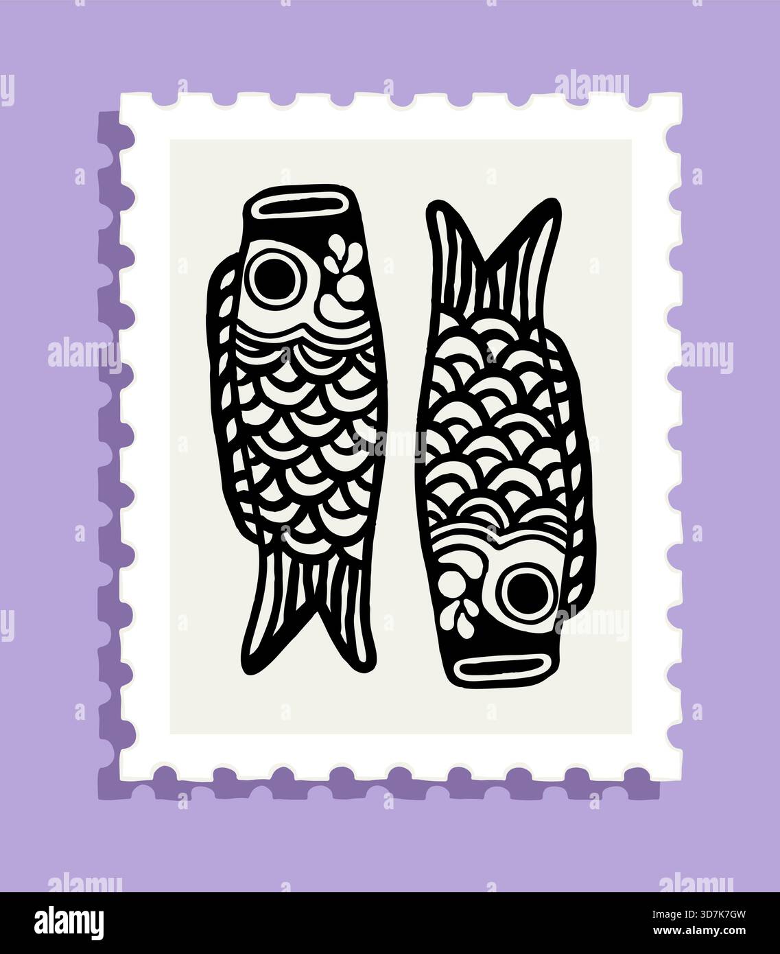 Schwarze japanische Art Koinobori Fisch Illustration auf Briefmarke mit lila Hintergrund Stock Vektor