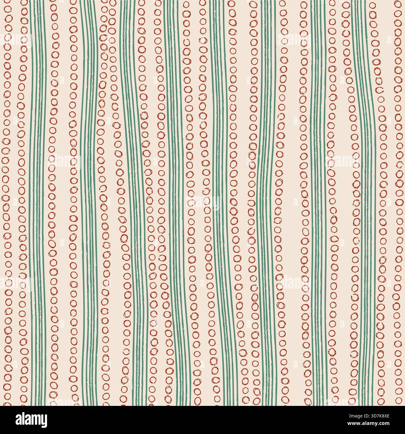 Organische handgezeichnete Wellenlinien und Kreise nahtloses Muster in Grün und Orange Stock Vektor