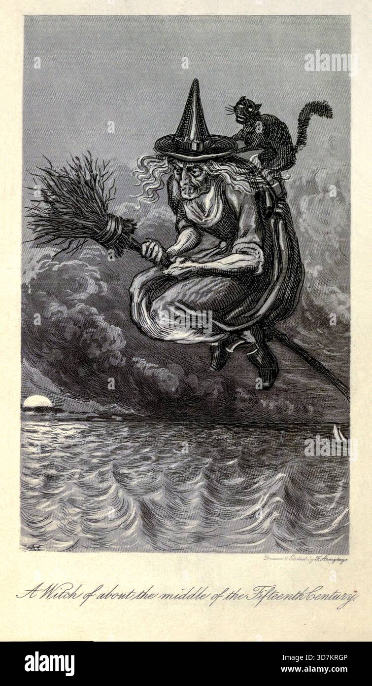 Eine Hexe aus etwa der Mitte des 15. Jahrhunderts aus 'DÄMONOLOGIE UND HEXEREI' VON SIR WALTER SCOTT, BART. Veröffentlicht von William Tegg, London um 1830 Stockfoto