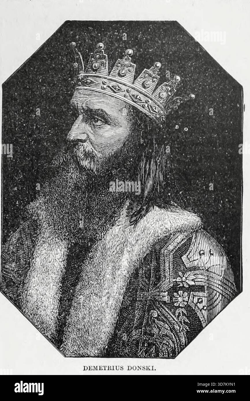 Dmitri Iwanowitsch Donskoj war von 1359 bis 1363 Fürst von Moskau und Großfürst von Wladimir. Er war der Erbe von Iwan II. Er war der erste Prinz von Moskau, der die mongolische Autorität in Russland offen in Frage stellte. In der traditionellen russischen Geschichtsschreibung gilt er als russischer Nationalheld aus Kapitel XCVIII. Spanien, Italien und dem Norden Europas aus dem BUCH XVI. - DAS VOLK UND DIE KÖNIGE in Band 13, von Ridpfads Universeller Geschichte : ein Bericht über die Herkunft, den primitiven Zustand und die ethnische Entwicklung der großen Rassen der Menschheit und der wichtigsten Ereignisse Stockfoto