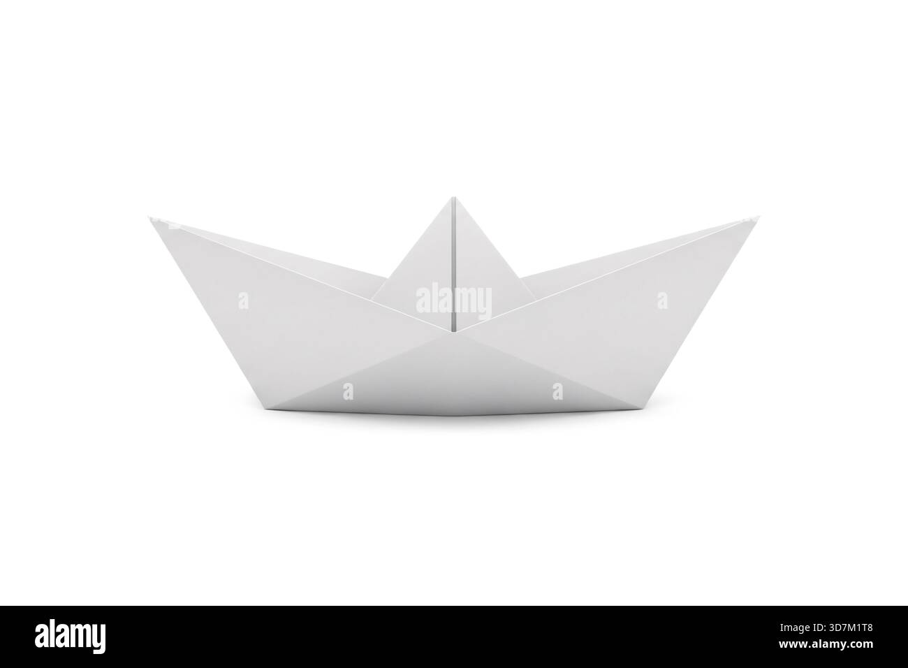 Realistisches 3D-Rendering eines weißen Origami-Papierbootes auf einem sauberen weißen Hintergrund. Die Szene hebt Minimalismus, geometrische Falten und sm hervor Stockfoto