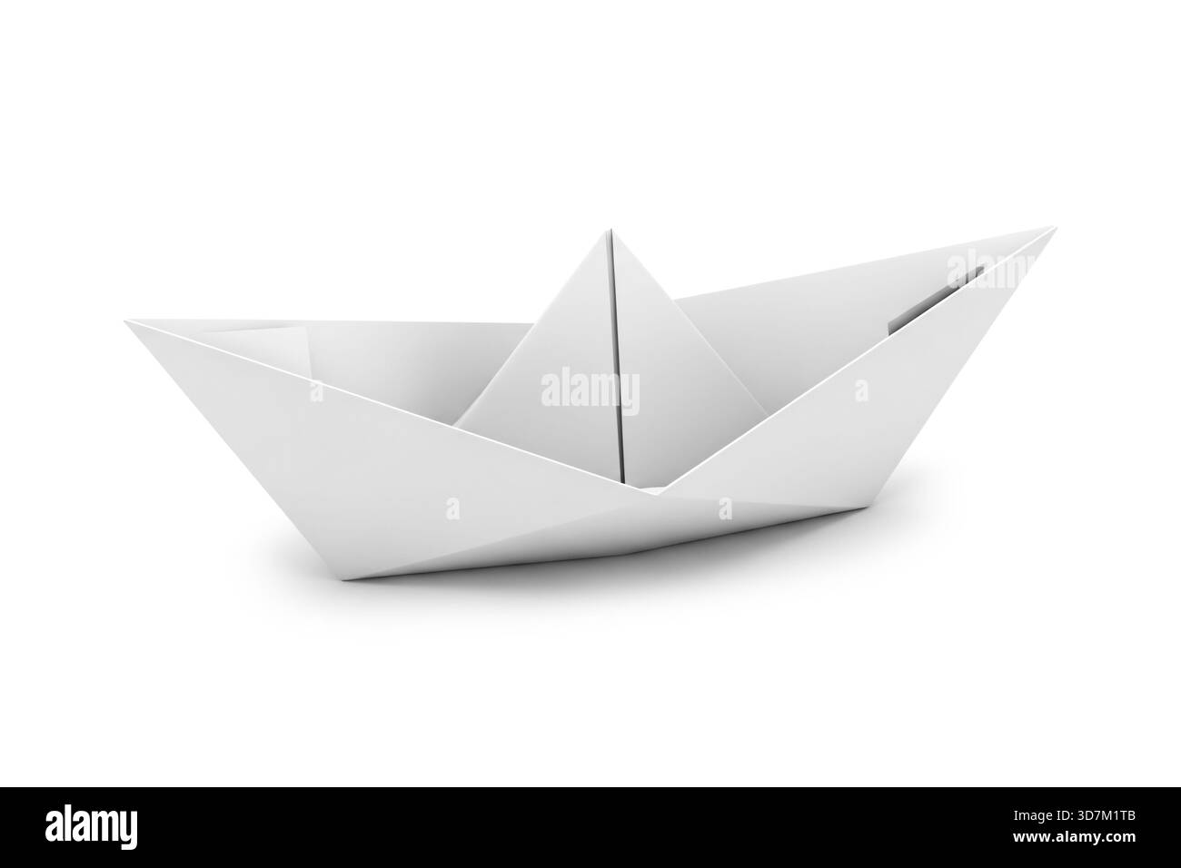 Realistisches 3D-Rendering eines weißen Origami-Papierbootes auf einem sauberen weißen Hintergrund. Die Szene hebt Minimalismus, geometrische Falten und sm hervor Stockfoto
