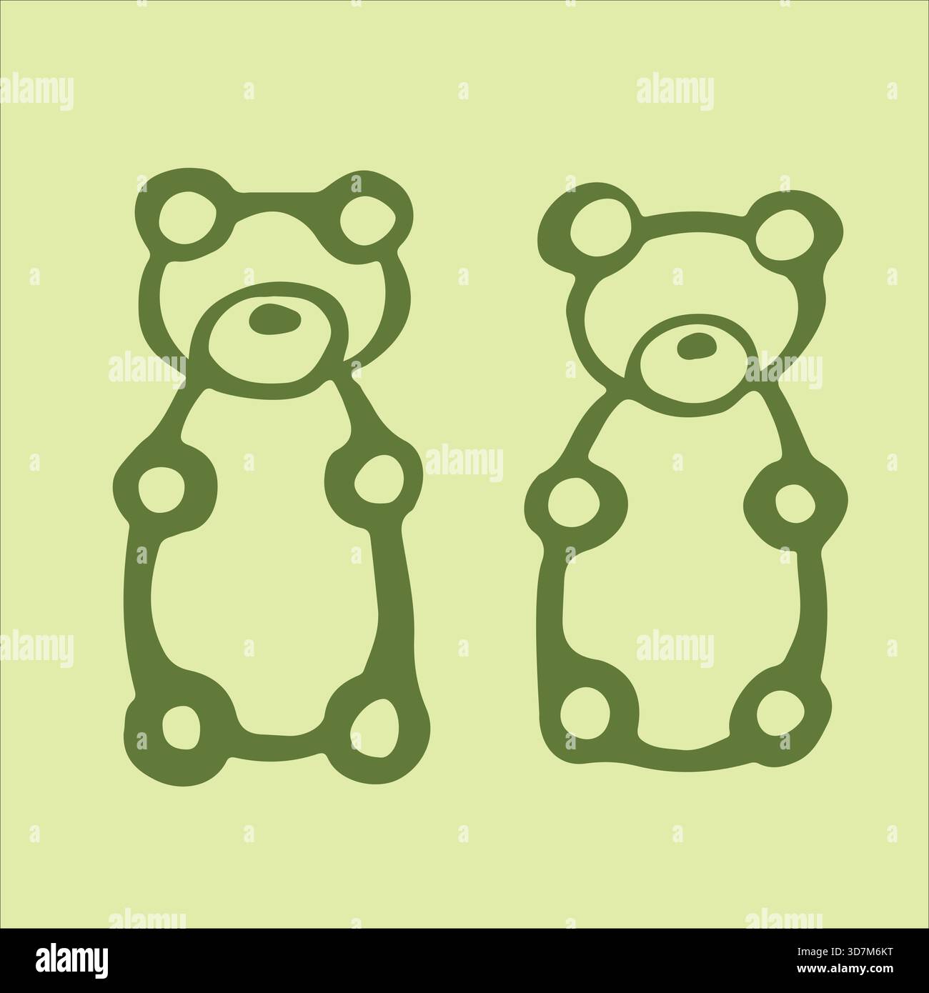 Verspielte Matcha-Grüntee-Gummibären im Doodle-Stil, bezaubernd süß, präsentiert auf einem ruhigen hellgrünen Hintergrund. Eine einzigartige und lustige Süßigkeiten-Illustration, Stock Vektor