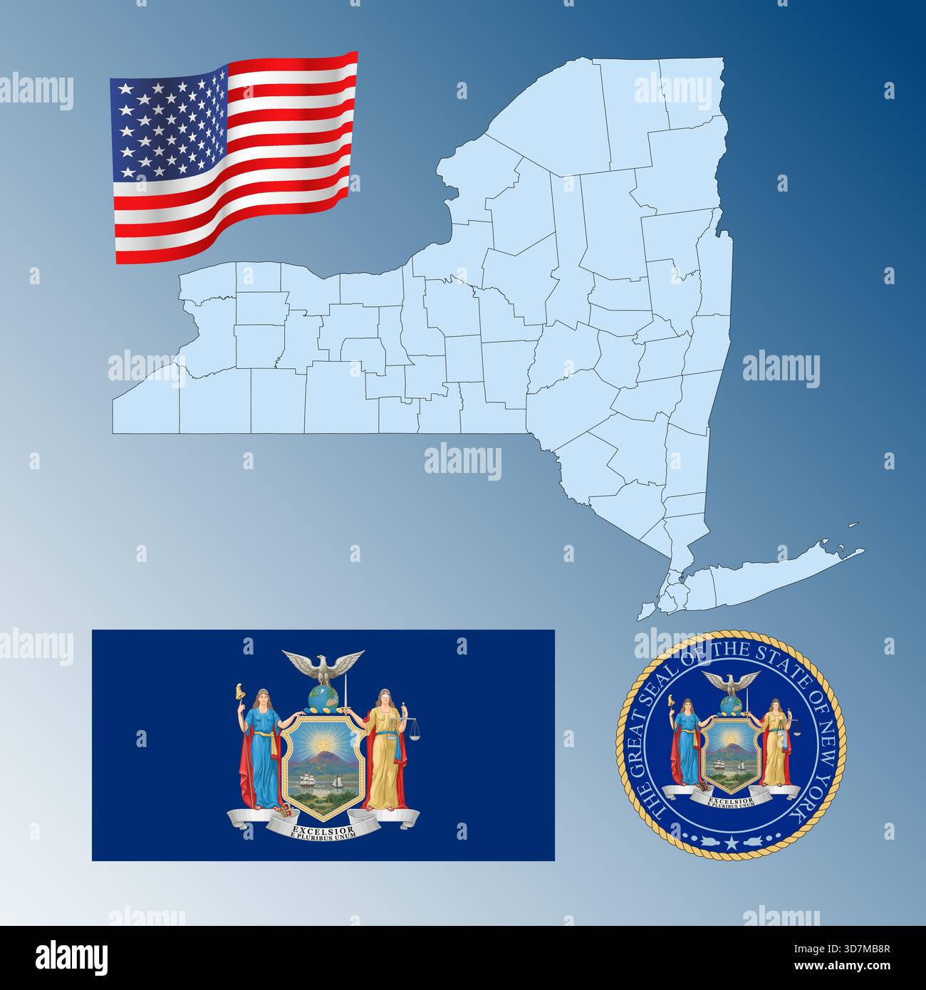 New York US Bundesstaat schwenkt Flagge, Siegel und Karte, Vereinigte Staaten, Vektor-Illustration Stock Vektor