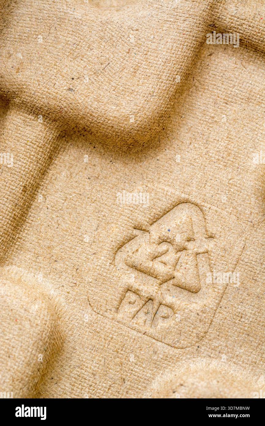 Mobius Recyclingschleife mit PAP 21-Kartonkennung. Für Recyclingkonzept. PAP 21 wird für Pappprodukte verwendet, PAP 20 für Kartonagen Stockfoto